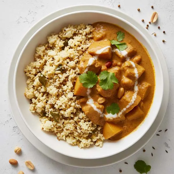 Chicken massaman curry with tempered cauliflower rice
